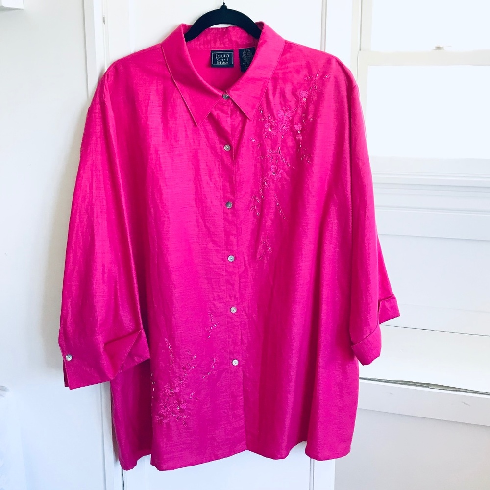 LAURA SCOTT Pink Linen Blend Tunic Embroidered Blouse Women’s Plus Size 24W 3X